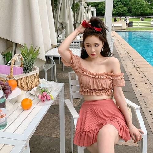 Sexy Off Shoulder Two Piece Swimsuit Korean Style New Women Short Sleeve High Waist Pink Swimwear Summer Bathing Suit Pads Skirt