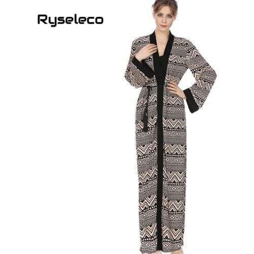 Ryseleco Women Open Stitch Geometric Pattern Long Maxi Muslim Dress Ties Wrap Spring Indie Folk Classic Gown Middle East Vestido