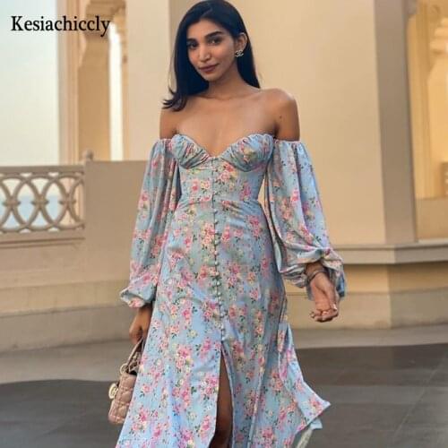 Kesiachiccly Floral Print Dress Sweet Off Shoulder Puff Sleeve Spilt Buttons Midi Dresses for Women Party Chic Casual Outfits