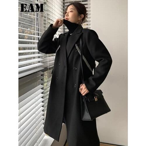 [EAM] Loose Fit Metal Chain Black Woolen Coat Parkas New Notched Collar Long Sleeve Women Fashion Autumn Winter 2021 1DD4064