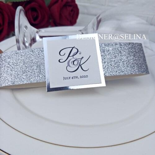 50pcs Elegant Silver Glitter Belly Band and Tag with Mirror Bottom For Wedding Invitations