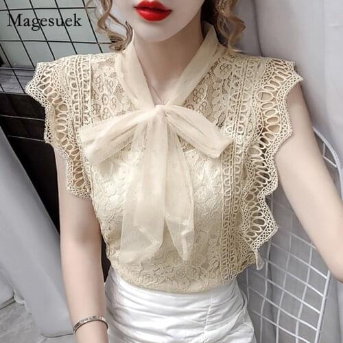 Korean Sleeveless Summer Tops and Blouses Solid Hollow Out Shirt Fashion Vintage 2021 Womens Lace Patchwork Clothing Blusas 9811