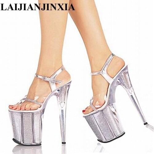 New 2018 Sexy 20cm Temptation Crystal Sandals Ultra High Thin Heels Platform 8 Inch Clear Shoes Sexy Stripper Dance Shoes