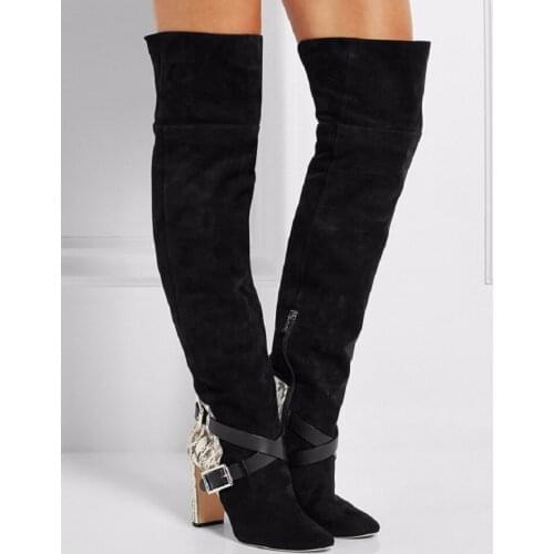 Long Boots Cross Strap Metal Buckle Snake Skin Pattern Thick Heel Over The Knee Boots Show Thin Booties Shoes Woman Botas Mujer