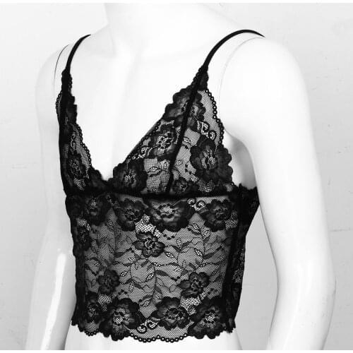 Black Mens Deep V-Neck Sissy Lingerie Underwear Sheer Mesh Floral Lace Crossdresser Undershirt