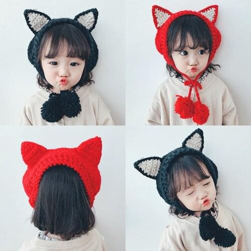 K72 Childrens Hat Autumn Winter Baby Hair Band Wool Cap Child Earmuffs Keep Warm In Winter Cute Cat Ear Hat Knit Lace-up