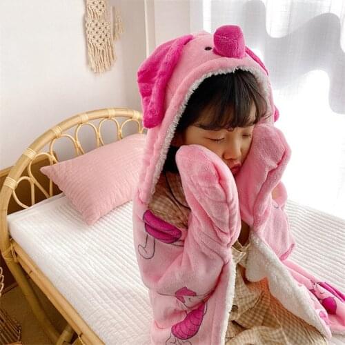 Kids Hooded Blanket With Sleeve Super Soft Warm Kids TV Blanket Fleece Children Sofa Throw Blankets Bed Travel Blankets Overalls