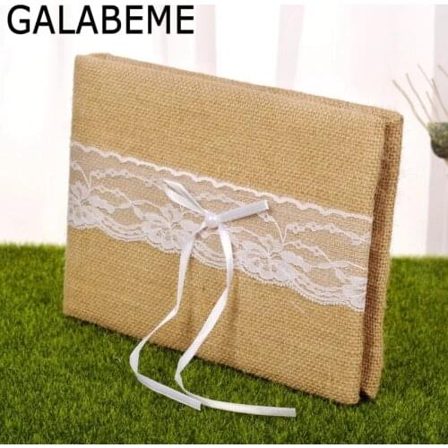17x24cm burlap Wedding Guest Book Signature Books Notebook with lace Rustic Wedding decoration centerpieces