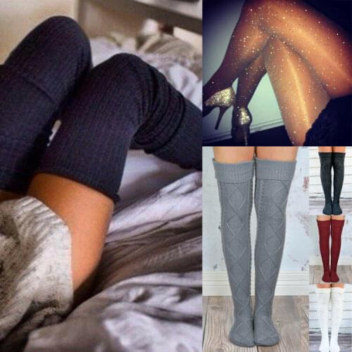 Hot Women Lady Winter Warm Wool Soft Cable Knit Over knee Long Boot Crochet Cotton Thick Long Stockings Thigh-High Legging Black