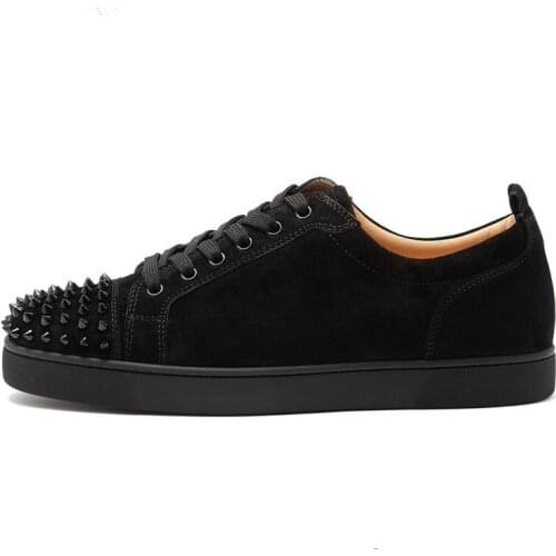 Fashion Black Suede Leather Shoes Men Toe Rives Stud Men Leather Casual Shoes Lace Up Spike Sneakers Shoes Men Large Size EU 46