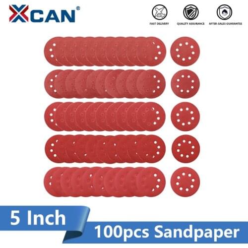 XCAN Sandpaper 100pcs 5 Inch(127mm) Round Shape Sanding Disc Hook Loop Sanding Paper Buffing Sheet 8 Hole Sander Polishing Pad