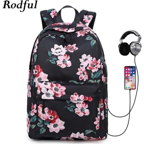 Nylon Flower Printing Large Women Schoolbag Backpack Bag for School Teenager Girls Student Bookbag Female Backpack Usb Charging