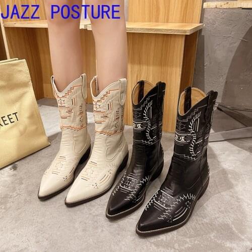 New brand female short boots cowboy boots pointed retro mid-length boots embroidered boots Gothic shoes z248
