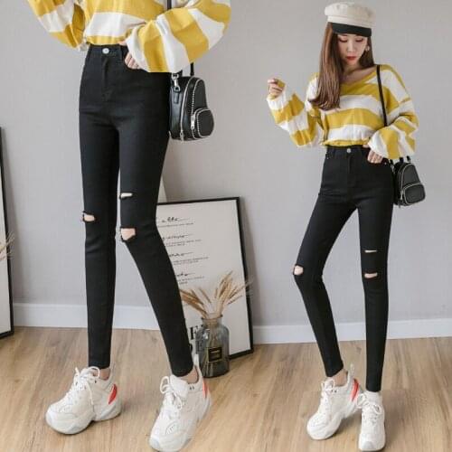 Spring and autumn new style ripped jeans black high-waisted ankle-length pencil pants