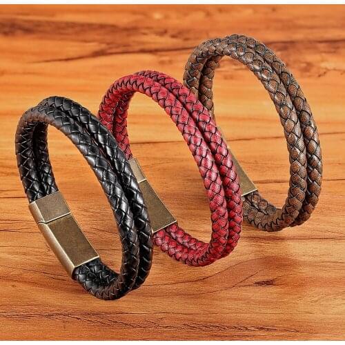 New Trendy Stainless Steel Mens Leather Bracelet Vintage Magnetic Clasp Double-layer Design Hand-woven Bangle Jewelry Gift