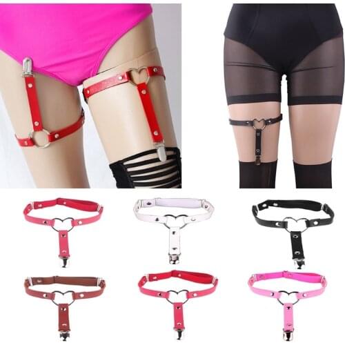 Women Gothic Punk Heart Ring Leg Garter Belt with Anti-Slip Metal Clip Elastic Adjsutable Harness Harajuku Thigh Ring