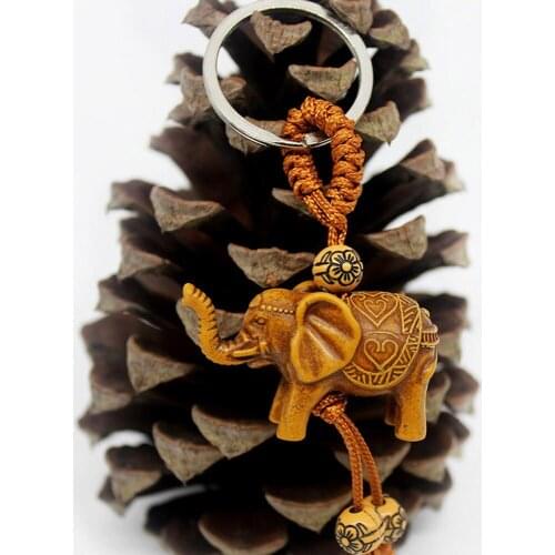 Hand Carved Lucky Elephant Keychain Keychain Ring Evil Defends Elephant Pendant Women Girls Children Wooden Craft Gift