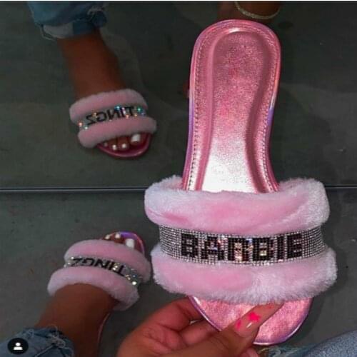 Pink Home Fashion Wild Hair Slippers Winter New Bright Diamond Warm Sandals Female 2020 Flip Flop Flat With Interior Slippers