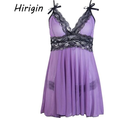 Sexy lingerie for women romantic lavender mesh perspective Nightdress erotic plus size Lace Temptation Sleepwear 2020 sex shops