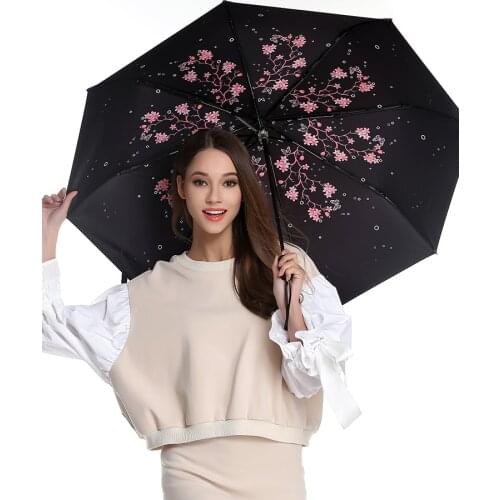 Three fold sunscreen umbrella five times black coating anti-uv alloy fiberglass superlight Sakura cherry flower pocket parasol