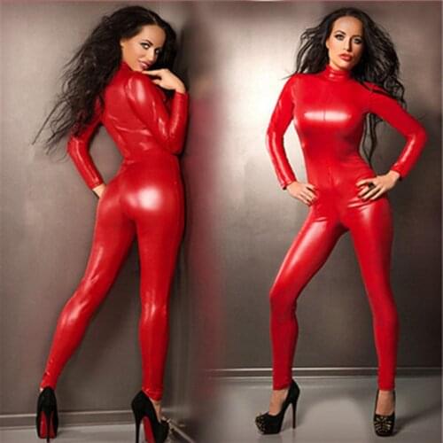 Top Sexy Lingerie Red Faux Leather Latex PU Gothic Lingerie Stretch Fetish Catsuit rubber bodysuit adult female tights jumpsuit