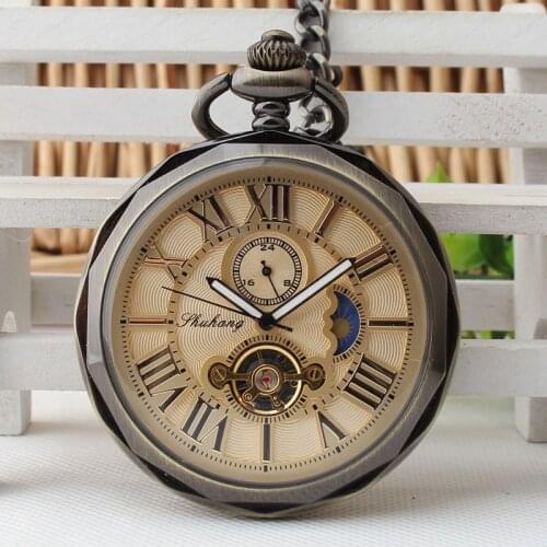 Vintage Open Face Roman Numbers Pocket Watch Mechanical Fob Clock Chain For Men Women Birthday Gifts PJX1398