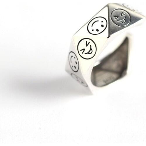 Japanese and Korean version of S925 sterling silver INS wind geometric triangle face smiley face pattern hipster ring ring