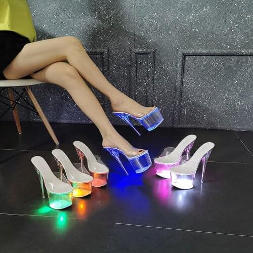 Clear PVC Flashing Light Women Slippers Summer Transparent High Heels 17.5CM Shoes Outdoor Luminous Crystal Platform Slippers