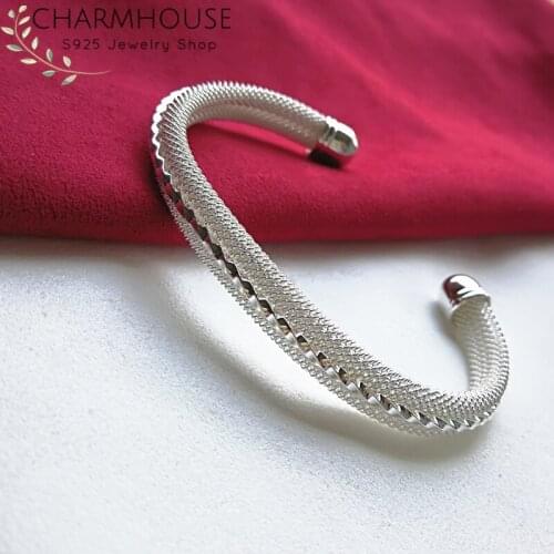 New Arrival Women Bangle Bracelets Sterling Silver 8mm Cuff Bracelet & Bangles Pulseira Femme Wristband Wedding Bridal Jewelry