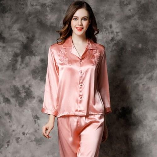 100% Silk Pajamas Set Suit Women Lovely Silk Shirt And Pants For Ladies Two-piece Sleepwear Long Full Sleeves Solid Satin