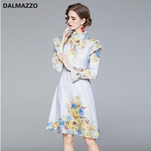 Vintage Print Women Stand Neck Ruffles Long Sleeve Knee Length Dress 2021 Newest Spring Ladies Runway Big Size Zippers Vestidos
