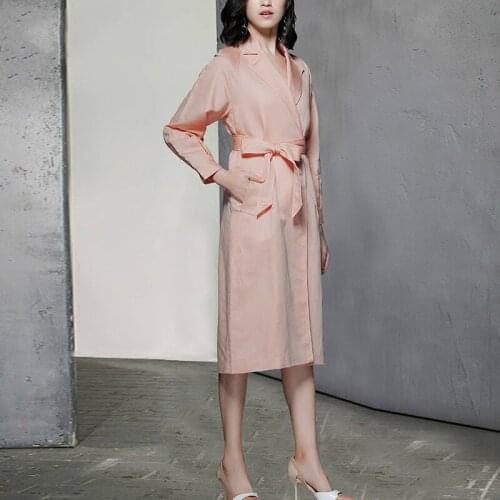 2020 Fashion Cotton Linen Trench Coat Female Spring Autumn Outerwear Long Pink Women Windbreaker With Belt roupas YQ1384