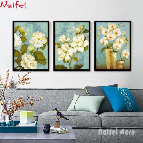 Diamond painting Abstract White orchid diy mosaic triptych full square round drill diamond embroidery kit Decor Christmas gift