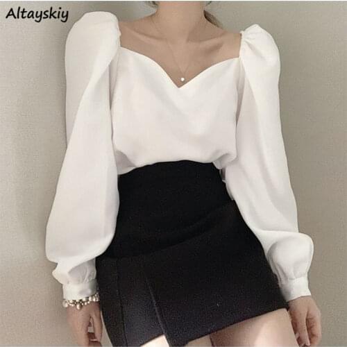 Blouses Women Solid All-match Simple Teens Stylish BF Clothes for Lady 2021 Spring V-Neck Ins Puff Sleeve Newest Casual Top Slim
