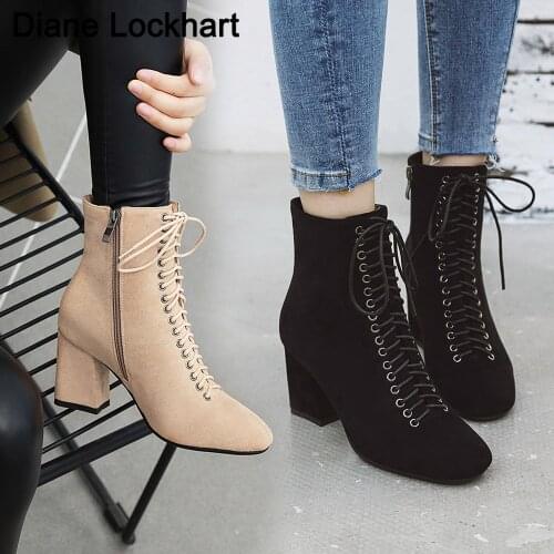 Designer Lace up black Ankle Boots for Women Chunky High Heels Autumn Winter Pointed Toe Booties Woman Zipper Beige Black Botas