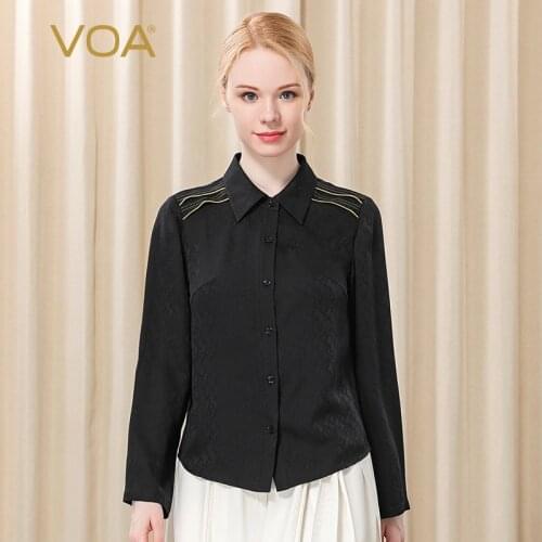 VOA 22m/m Silk Inkiness Peter Pan Collar Long Sleeve Contrasting Color Selvage Single Breasted Loose Waist All-match Shirt BE261