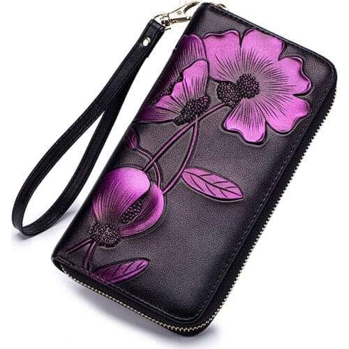 Ladies Genuine Leather Wallet Women Fashion Drawing Flower Wallets Coin Purse Female Tassel Clutch Cowhide Long Zipper Wallet