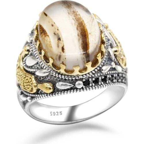 Hot sale 925 sterling silver ring Turkish jewelry ocean agate stone ring black spinel mens ring high jewelry
