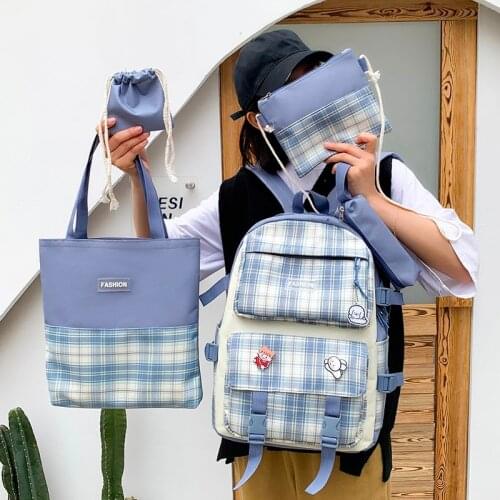 5-piece Set Fashion Womens Backpack Cute Pendant Canvas Plaid School Bag For Girls Large Capacity Waterproof Travel Backpacks