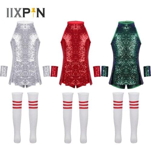 IIXPIN Kids Hip Hop Dance Costume Girls Jazz Street Dance Clothing Cheerleading Shiny Sequins Tops Shorts Wrist-Sleeves Socks