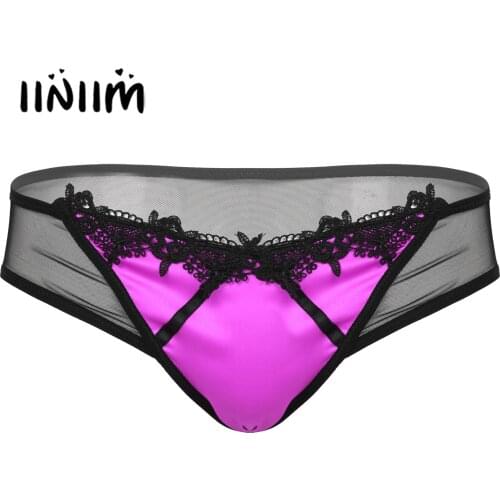 Mens Lingerie Hot Sexy Lace Sissy Underwear See-through Mesh Back Underpants Low Rise Lace Trim Satin Patchwork Briefs Panties