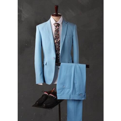2017 Latest Coat Pant Designs Light Blue Men Suit Slim Fit 3 Piece Groom Tuxedo Custom Suits Prom Party Blazer Terno Masculino