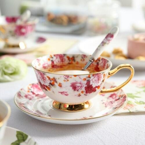 High-end bone china coffee cup and saucer set European style flower tea cup English afternoon tea ceramic cup home with spoon