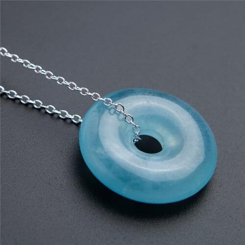 Genuine Natural Blue Aquamarine Round Pendant For Women Men Donut Gift 20*6mm Clear Bead Crystal Necklace Genuine AAAAA