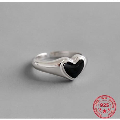 2020 New Pure 925 Sterling Silver Ring Black Love Heart Shape Simple Wild Female Student Opening Jewelry