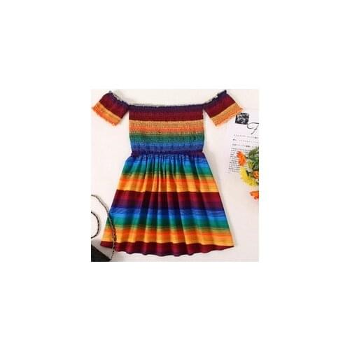 2-7T Girl Casual One-Shoulder Pleated Big Hem Dress Short Sleeve Rainbow Stripe Print Pattern Boat Neck Princess Dress