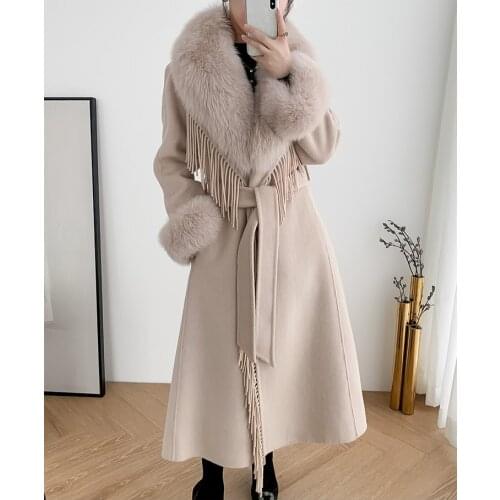 2021 Luxury Ladies Long Cashmere Winter Coats With Fur Collar 100% Wool Coat Women Tassel Belt Handmade Coat Vendor