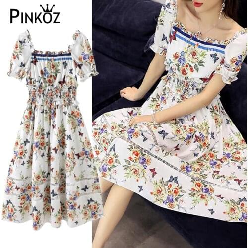 Pinoz designer style ruched square collar summer holiday midi dresses flower printed patchwork high waist dress femme vestidos