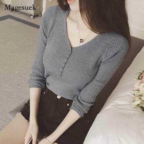 Slim V-neck Knitted Pullover Fashion Sweater Women 2021 New Autumn and Winter Clothes Long Sleeve Bottoming Shirt Women 16290