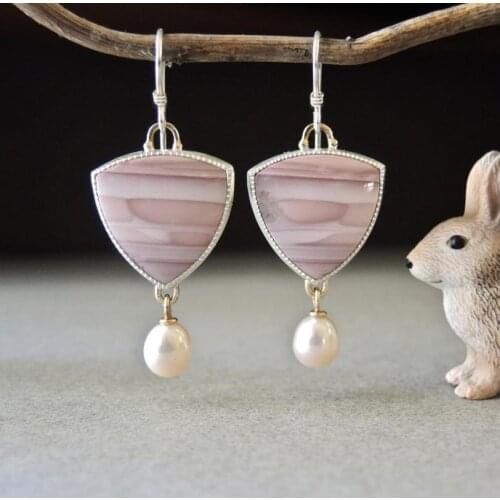 Unique Womens Fashion Natural Pink Tourmaline and Pearl Gemstone Hook Drop Earrings Bride Wedding Engagement Party Earring